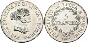 ITALIE, LUCQUES et PIOMBINO, Elisa et Félix (1805-1814), AR 5 franchi, 1805, Florence. Petits bustes. Avec point après la date et après PIOMBINO. M. 4...