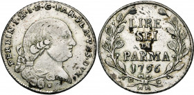 ITALIE, PARME, Ferdinand de Bourbon (1765-1802), AR 6 lire, 1796. M.I.R. 1076/6. 7,30g Taches.
Très Beau