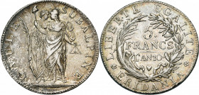 ITALIE, REPUBLIQUE SUBALPINE, (1800-1802), AR 5 francs, an 10 (1801), Turin. M. 10; G. 4; Dav. 197. Belle patine.
Très Beau à Superbe