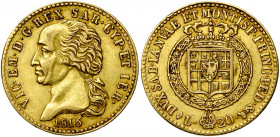 ITALIE, SAVOIE et SARDAIGNE, Victor Emmanuel Ier (1802-1821), AV 20 lire, 1816L, Turin. M. 17; G. 121. Très rare Coup sur la tranche.
Très Beau