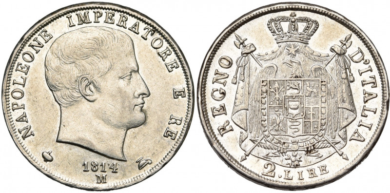 ITALIE, Royaume, Napoléon Ier (1804-1814), AR 2 lire, 1814M, Milan. Hallebardes ...