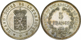 LUXEMBOURG, Régence d''Adolphe de Nassau (1889-1890), 5 francs, 1889, Bruxelles. Essai en argent. Tranche cannelée. Seulement 50 p. frappées. Probst L...