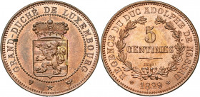 LUXEMBOURG, Régence d''Adolphe de Nassau (1889-1890), Cu 5 centimes, 1889, Bruxelles. Essai en cuivre. Seulement 100 p. frappées. Probst L336-2. Rare....