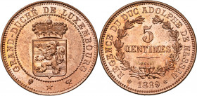 LUXEMBOURG, Régence d''Adolphe de Nassau (1889-1890), Cu 5 centimes, 1889, Bruxelles. Essai en cuivre. Seulement 100 p. frappées. Probst L336-2. Rare....