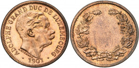 LUXEMBOURG, Adolphe (1890-1905), Cupro-nickel 10 centimes, 1901. Essai en cuivre, sans valeur faciale. Tranche lisse. Probst L337-A5.
Fleur de Coin