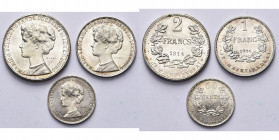 LUXEMBOURG, Marie-Adélaïde (1912-1919), série de 3 essais en argent par Federspiel: 2 francs, 1 franc et 50 centimes 1914. Probst L346-2, L347-2, L348...