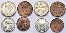 LUXEMBOURG, Marie-Adélaïde (1912-1919), lot de 4 essais par Federspiel: 2 francs et 1 franc 1914, en argent et en cuivre. Probst L346-2, L346-5, L347-...