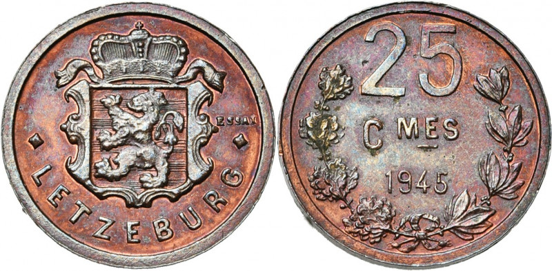LUXEMBOURG, Charlotte (1919-1964), 25 centimes, 1945. Essai en cuivre. Tranche l...
