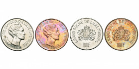 LUXEMBOURG, Charlotte (1919-1964), lot de 2 essais de la p. de 100 francs 1963, en argent et en cuivre. Probst L395-2, L395-3.
Superbe à Fleur de Coi...