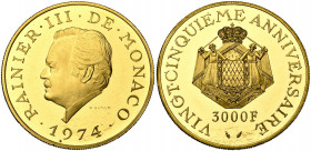 MONACO, Rainier III (1949-2005), AV 3000 francs, 1974. 25e anniversaire de règne. Gad. 171. 28,74g Rare Titre 0,999.
Des 5.000 pièces frappées par la...