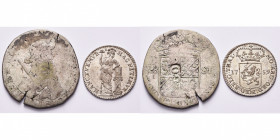 NEDERLAND, lot van 2 st.: Groningen en Ommelanden, florijn van 28 stuiver (gesnoeid, met klop GO); Utrecht, kwart gulden (muntmeesterspenning), 1759....