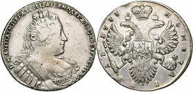RUSSIE, Anna (1730-1740), AR rouble, 1733, Moscou. D/ B. cuir. à d. R/ Aigle impériale couronnée. Bitkin 67; Uzd. 706. 25,83g.
presque Très Beau