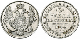 RUSSIE, Nicolas Ier (1825-1855), platine 3 roubles, 1844. Platine. Bitkin 90; Uzd. 409; Fr. 160.
Très Beau