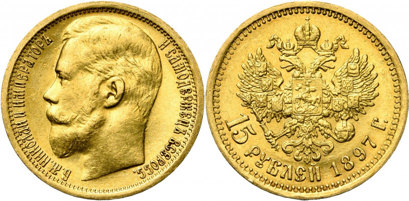 RUSSIE, Nicolas II (1894-1917), AV 15 roubles, 1897AΓ. Petite tête. Bitkin 1; Uz...