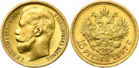 RUSSIE, Nicolas II (1894-1917), AV 15 roubles, 1897AΓ. Petite tête. Bitkin 1; Uzd. 322; Fr. 177. Fines griffes.
Très Beau
