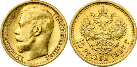 RUSSIE, Nicolas II (1894-1917), AV 15 roubles, 1897AΓ. Petite tête. Bitkin 1; Uzd. 322; Fr. 177.
Très Beau