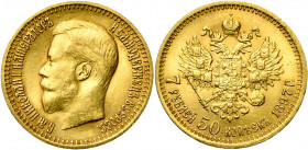 RUSSIE, Nicolas II (1894-1917), AV 7 1/2 roubles, 1897AΓ. Bitkin 17; Fr. 178.
Très Beau