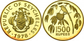 SEYCHELLES, République (1976-), AV 1500 rupees, 1978. Gobe-mouches noir de paradis (veuve noire des Seychelles). Fr. 2. Rare. 201 p. frappées.
Flan p...