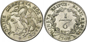 SUISSE, BALE, Ville, AR 1/6 Taler, 1766. D/ Basilic ten. l''écu de la ville. R/ Valeur dans une couronne. D.T. 770b. 5,05g.
Très Beau à Superbe