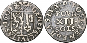 SUISSE, GENEVE, Ville, AR 12 sols, 1603. D/ Ecu de la ville sous une aigle éployée. R/ Dans le champ: POVR/ XII/ SOLS. Demole 414; D.T. 1663b. Rare.
...