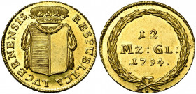 SUISSE, LUCERNE, Ville, AR 12 Münzgulden (doublon), 1794B, Berne. D/ Ecu couronné, orné d''une guirlande. R/ Valeur et date dans une couronne. D.T. 54...