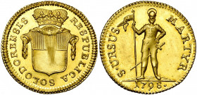 SUISSE, SOLEURE (SOLOTHURN), AV demi-doublon, 1798. D/ Ecu couronné, orné d''une guirlande. R/ Saint Ours deb. de f., en cuirasse, ten. une bannière. ...