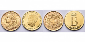 lot de 2 p. en or: Suisse, 20 francs, 1935LB (Superbe); Belgique, Baudouin Ier, module de 20 francs, 1976 (légende française, Flan poli).