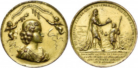SAINT EMPIRE, AE doré médaille, 1687, Hautsch. Couronnement de Joseph Ier comme roi de Hongrie à Pressburg. D/ B. dr. et cuir. à d., entre deux angelo...