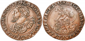 PAYS-BAS MERIDIONAUX, Cu jeton, 1546, Bruges. Bureau de l''empereur. D/ B. l. et cuir. de Charles Quint à g. R/ Samson assis à g. sur le lion dont il ...