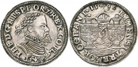 PAYS-BAS MERIDIONAUX, AR jeton, 1596, Bruges. Préparatifs de la flotte à Lisbonne pour attaquer les Provinces Unies. D/ B. l. et cuir. de Philippe II ...
