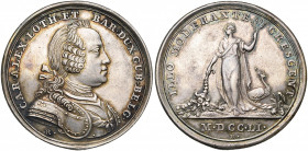 PAYS-BAS MERIDIONAUX, AR jeton, 1751, J. Roettiers. Etrennes - Réformes monétaires. D/ B. cuir. de Charles de Lorraine à d. R/ ILLO MODERANTE CRESCENT...