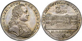 PAYS-BAS MERIDIONAUX, AR jeton, 1756, J. Roettiers. Etrennes pour 1757 - Restauration de l''hôtel des Monnaies de Bruxelles. D/ B. cuir. de Charles de...