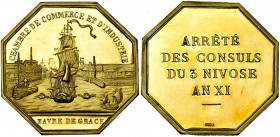 FRANCE, AV jeton, an XI (1802). Chambre de commerce du Havre. D/ Un navire sortant du port. R/ ARRETE/ DES CONSULS/ DU 3 NIVOSE/ AN XI. Giard - (cfr 1...
