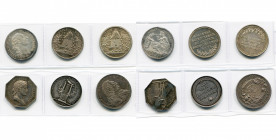 FRANCE, lot de 6 jetons en argent: s.d. (Louis XVI), Académie royale de chirurgie; an 6 (1798), Société des sciences et arts de Bordeaux; s.d., Académ...