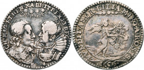 GRANDE-BRETAGNE, AR médaille, 1625. Mariage de Charles Ier Stuart avec Henriette Marie, fille de Henri IV de France. D/ B. des époux f. à f. R/ Un amo...