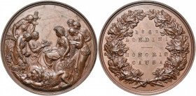 GRANDE-BRETAGNE, AE médaille, 1862, Wyon. Exposition universelle à Kensington. D/ Britannia entourée de six femmes symbolisant l''art, les sciences, l...