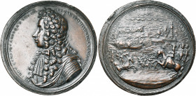 ITALIE, AE médaille, s.d. (1684), Fiori. Défense de Gênes par Juan Tomas Enriquez Cabrera, gouverneur de Milan. D/ B. du gouverneur à g. R/ PROVIDENTI...
