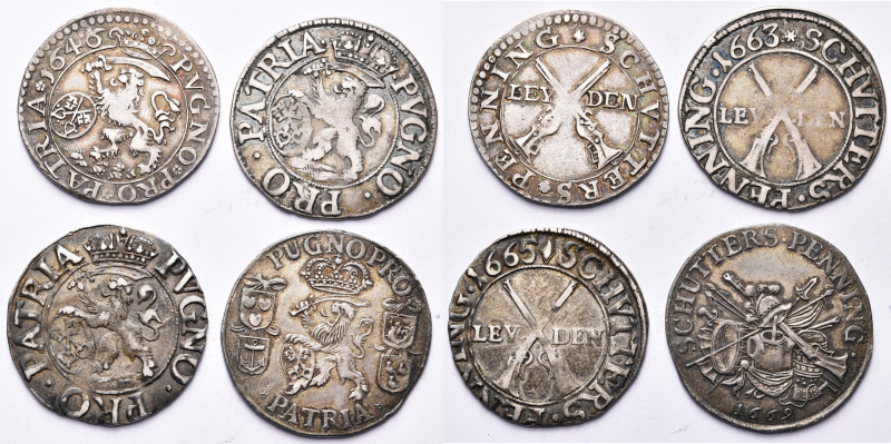 PAYS-BAS SEPTENTRIONAUX, lot de 4 jetons en argent, Arquebusiers de Leyde, 1646,...