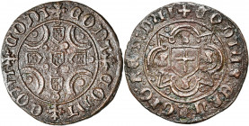 PORTUGAL, Cu jeton, s.d. Alphonse V (1438-1481), dit l''Africain. D/ CONT- CONT- CONT- CONT Les quines posées en croix. Dans les angles, quatre double...