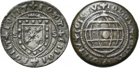 PORTUGAL, Laiton jeton, s.d. Manuel Ier (1495-1521), dit l''Aventurier. D/ CONT- CIIOI- COIIT- COIIT Ecu couronné à cinq étoiles, entourées de quinze ...