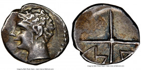 GAUL. Massalia. Ca. 2nd century BC. AR obol (10mm, 5h). NGC XF. Ca. 350-150 BC. Bare head of Apollo left / MA within two spokes of a wheel. SNG Copenh...