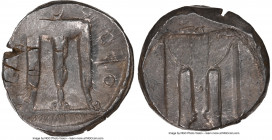 BRUTTIUM. Croton. Ca. 480-430 BC. AR stater (19mm, 2h). NGC Choice VF, overstruck, brushed. ϘPO, tripod with leonine feet, heron standing right to lef...