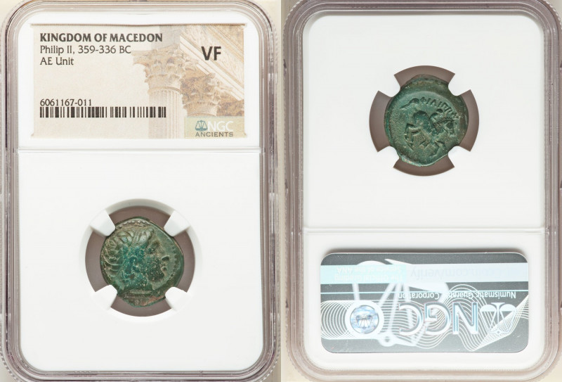MACEDONIAN KINGDOM. Philip II (359-336 BC). AE unit (19mm, 7h). NGC VF. Uncertai...