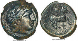 MACEDONIAN KINGDOM. Alexander III the Great (336-323 BC). AE unit (18mm, 1h). NGC VF. Uncertain mint in Macedonia. Head of Apollo right, wearing taeni...