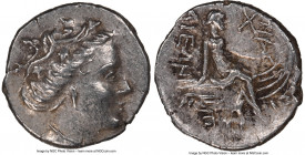EUBOEA. Histiaea. Ca. 3rd-2nd centuries BC. AR tetrobol (14mm, 11h). NGC AU. Head of nymph right, wearing vine-leaf crown, earring and necklace / IΣTI...