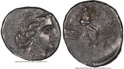 EUBOEA. Histiaea. Ca. 3rd-2nd centuries BC. AR tetrobol (14mm, 10h). NGC Choice XF. Head of nymph right, wearing vine-leaf crown, earring and necklace...