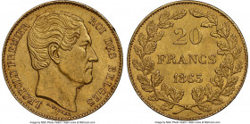 Leopold I gold 20 Francs 1865 MS62 NGC, Brussels mint, KM23. Position A, L. Wiener variety. 

HID09801242017

© 2022 Heritage Auctions | All Rights Re...