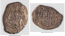 Philip IV "Capitana" Transitional Cob 8 Reales 1652 P-E Fine (Saltwater Damage), Potosi mint, KM-A20.4, Cal-1493, Mastalir-IV.1-A.bb2. 37.3mm. 15.34gm...
