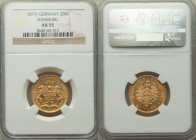Hamburg. Free City gold 20 Mark 1877-J AU55 NGC, Hamburg mint, KM602. AGW 0.2305 oz. 

HID09801242017

© 2022 Heritage Auctions | All Rights Reserved