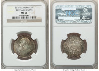 Saxe-Meiningen. Bernhard III 2 Mark 1915 MS66 NGC, Munich mint, KM206, J-154. Death of George II commemorative. Silver-sage and russet-bronze toned. 
...